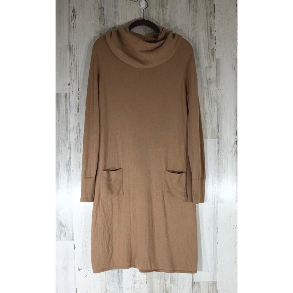 Chicos Sweater Dress 2 (Medium) Camel Brown Cowl Neck Wool Blend Pockets Neutral